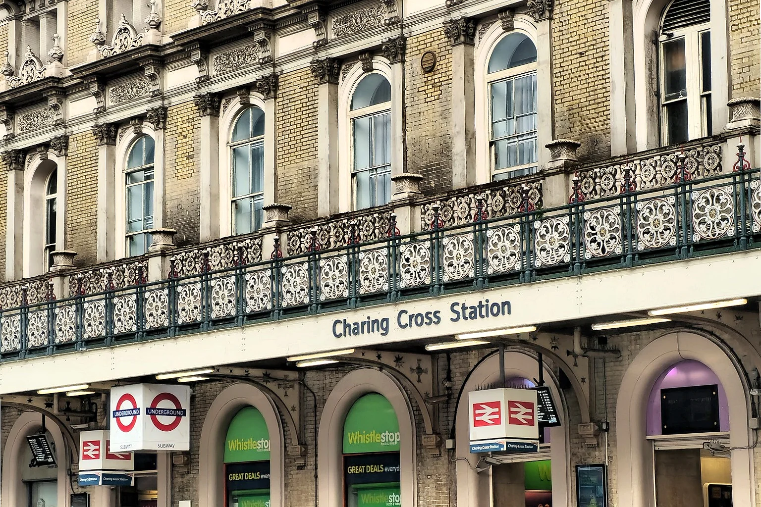 The facade of London Charing Cross railway station