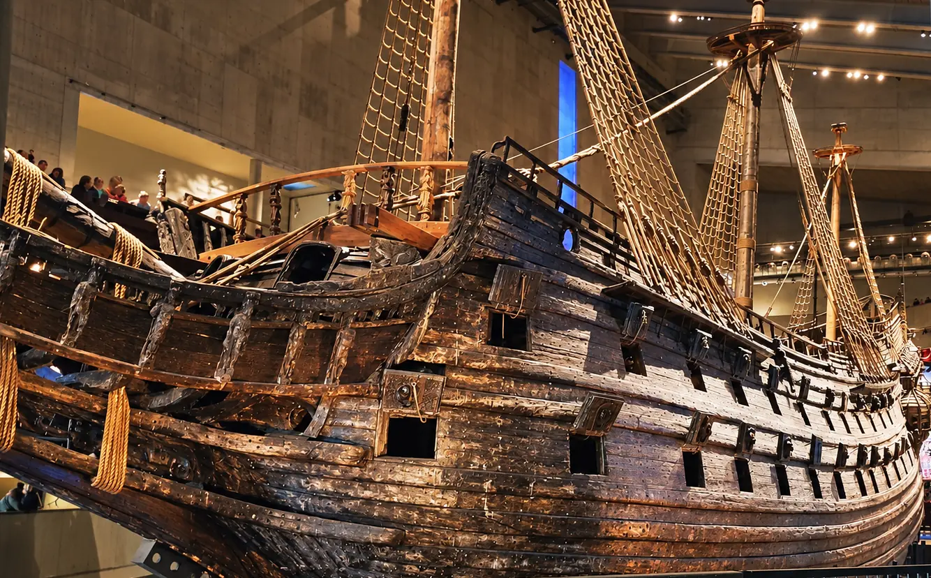 The warship Vasa inside the museum hall in Stockholm