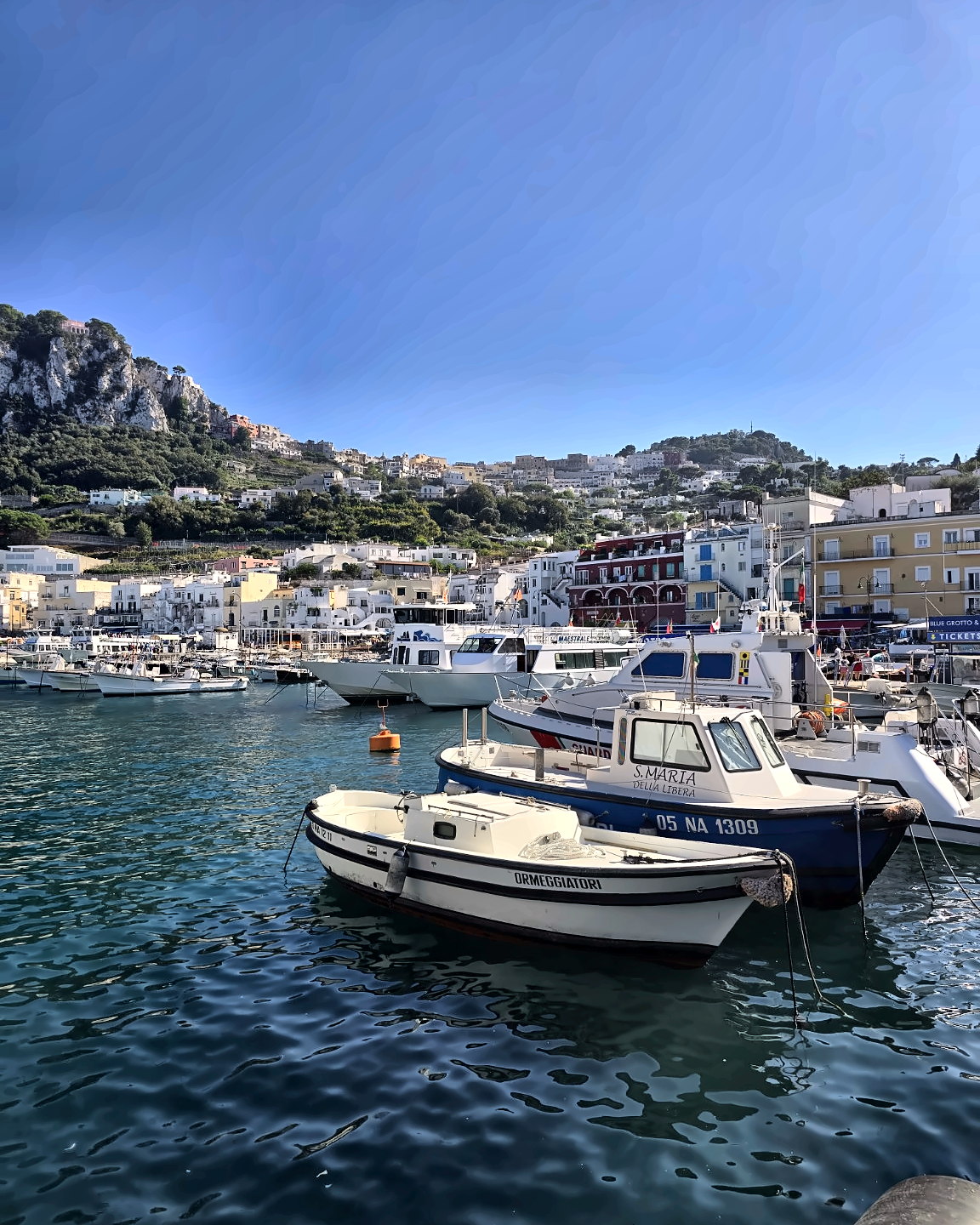 Marina Grande in Capri with boats in the harbour and houses on the hillside