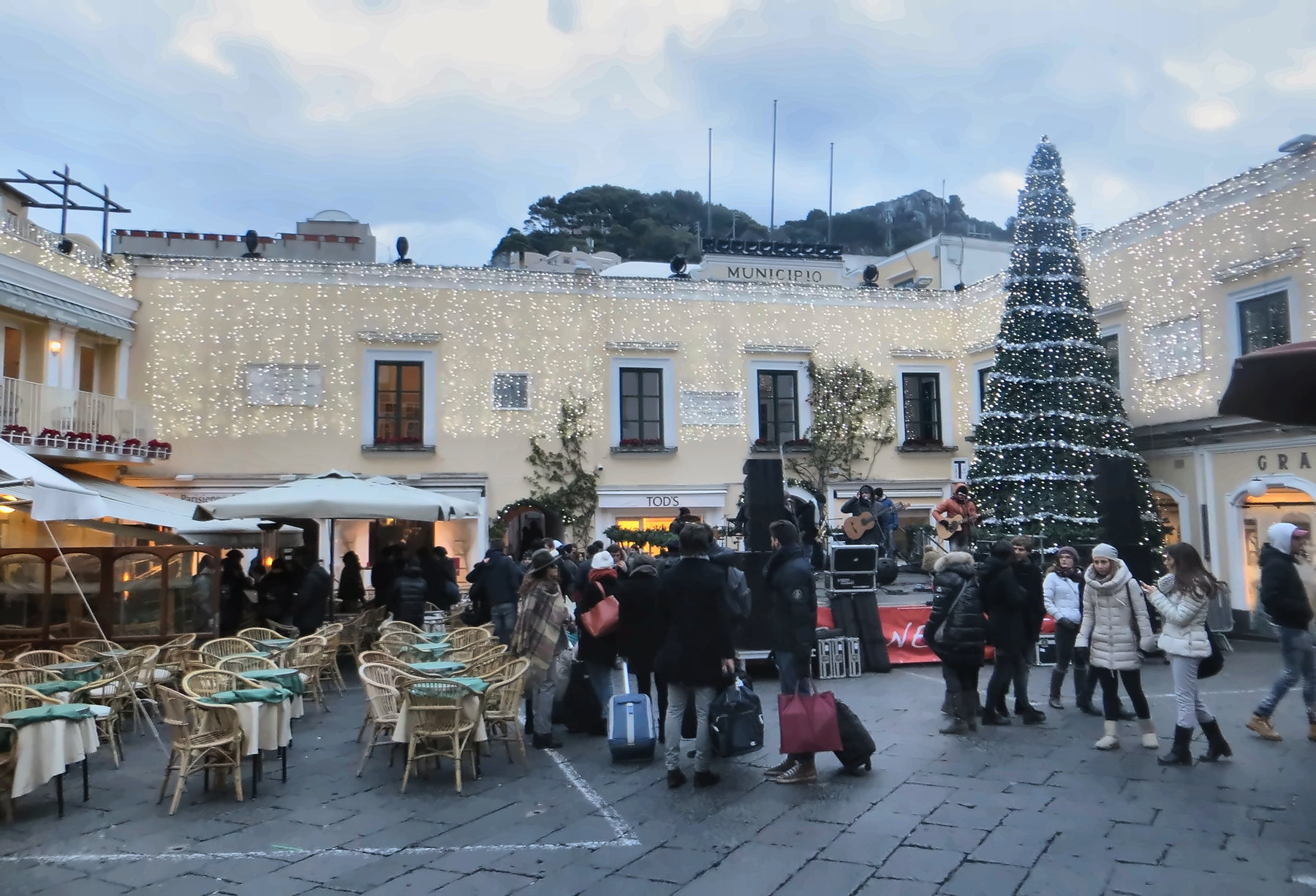 The Piazzetta in Capri decorated with Christmas lights and a large Christmas tree