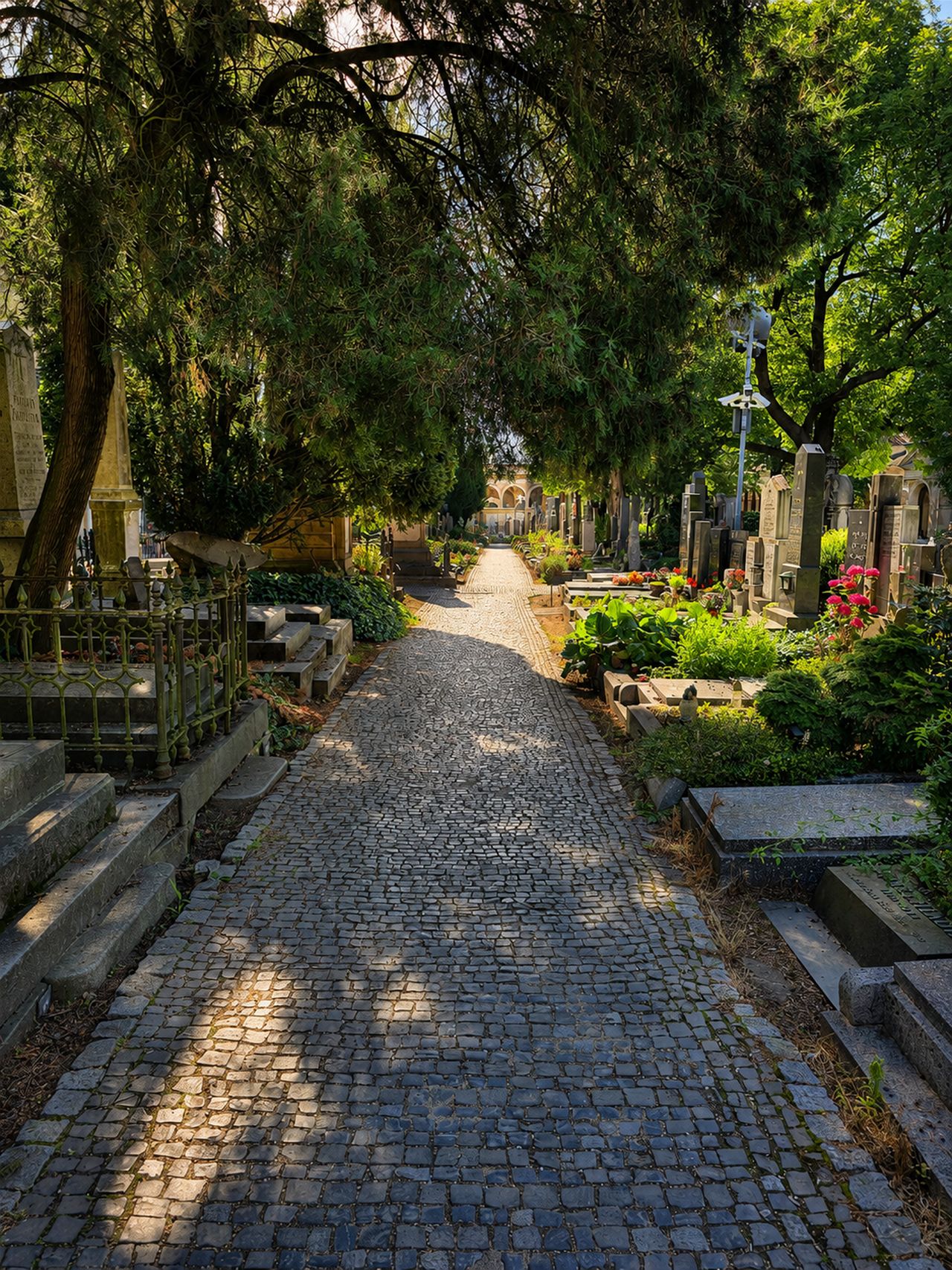 Cobblestone path lined with graves, flowers, and trees at Vyšehrad Cemetery in Prague.