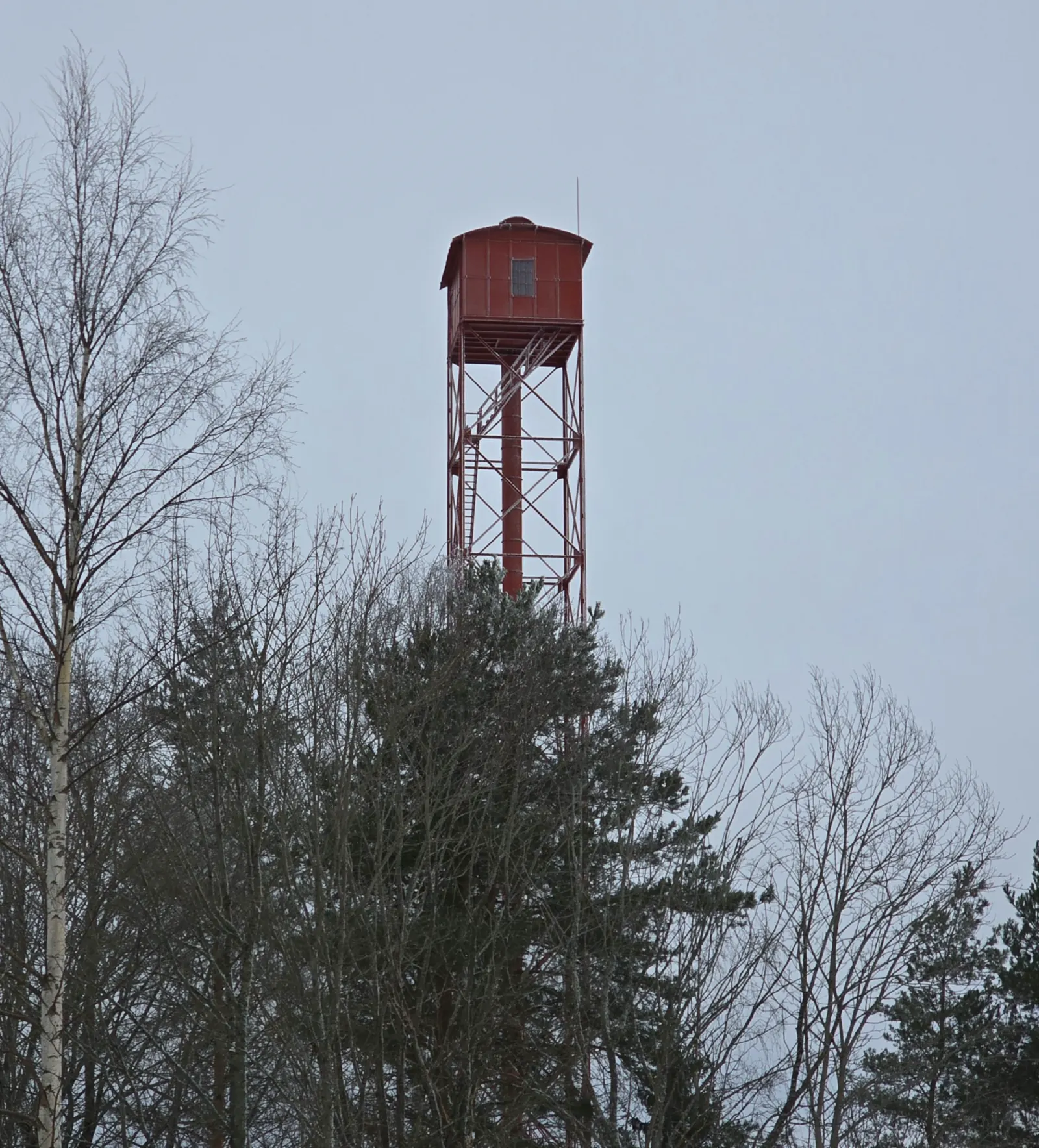 Red Pispala Shot Tower rising above winter trees in Tampere