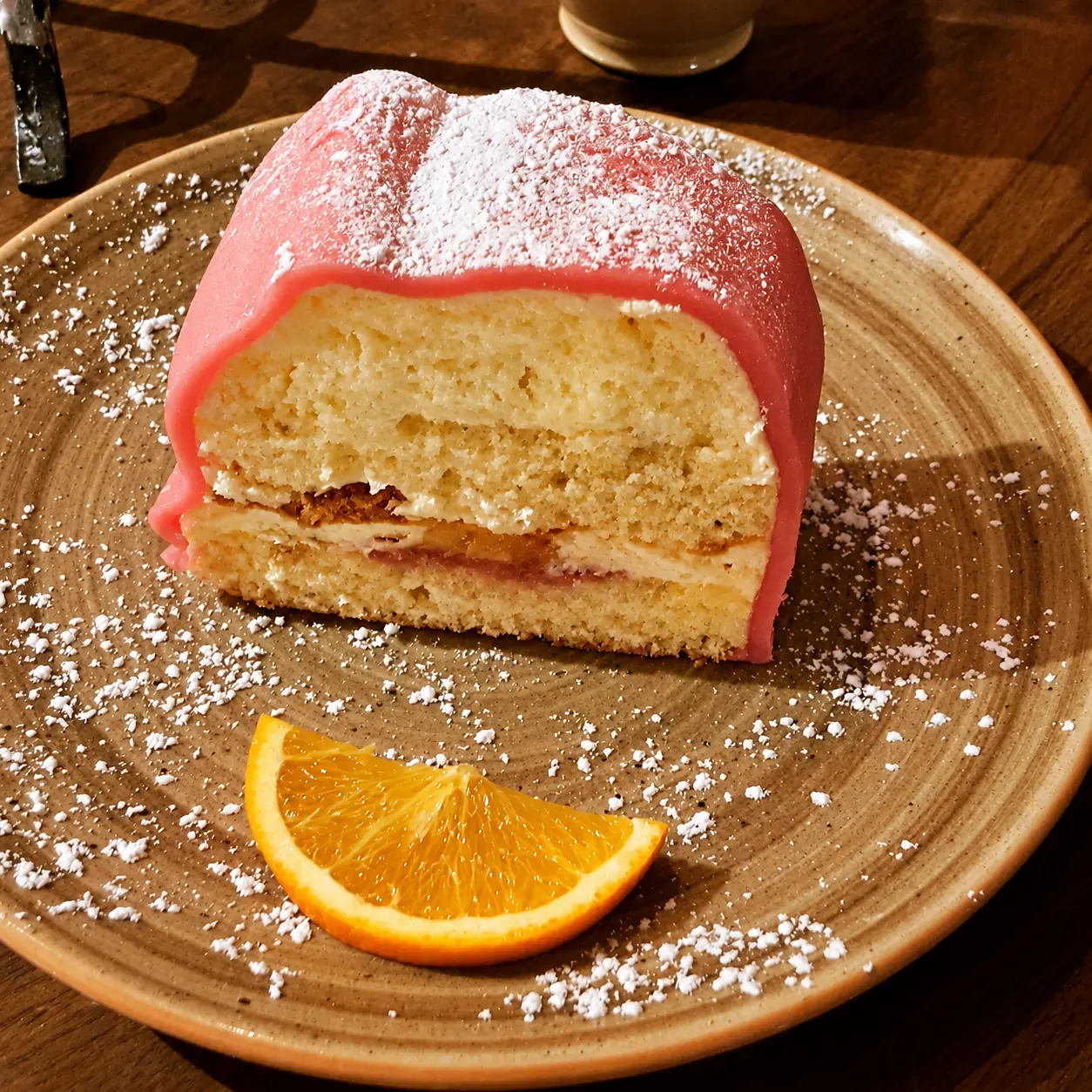 Pink prinsesstårta served with coffee in Stockholm