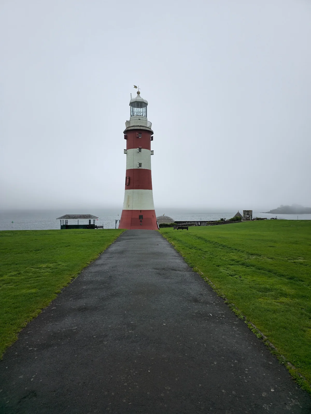 Smeaton's Tower lighthouse on Plymouth Hoe on a misty morning