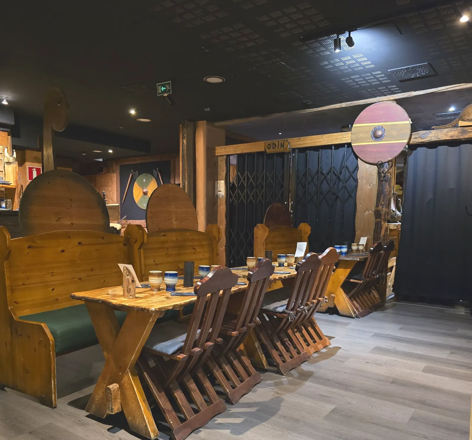 Wooden Viking-themed restaurant interior in Tampere