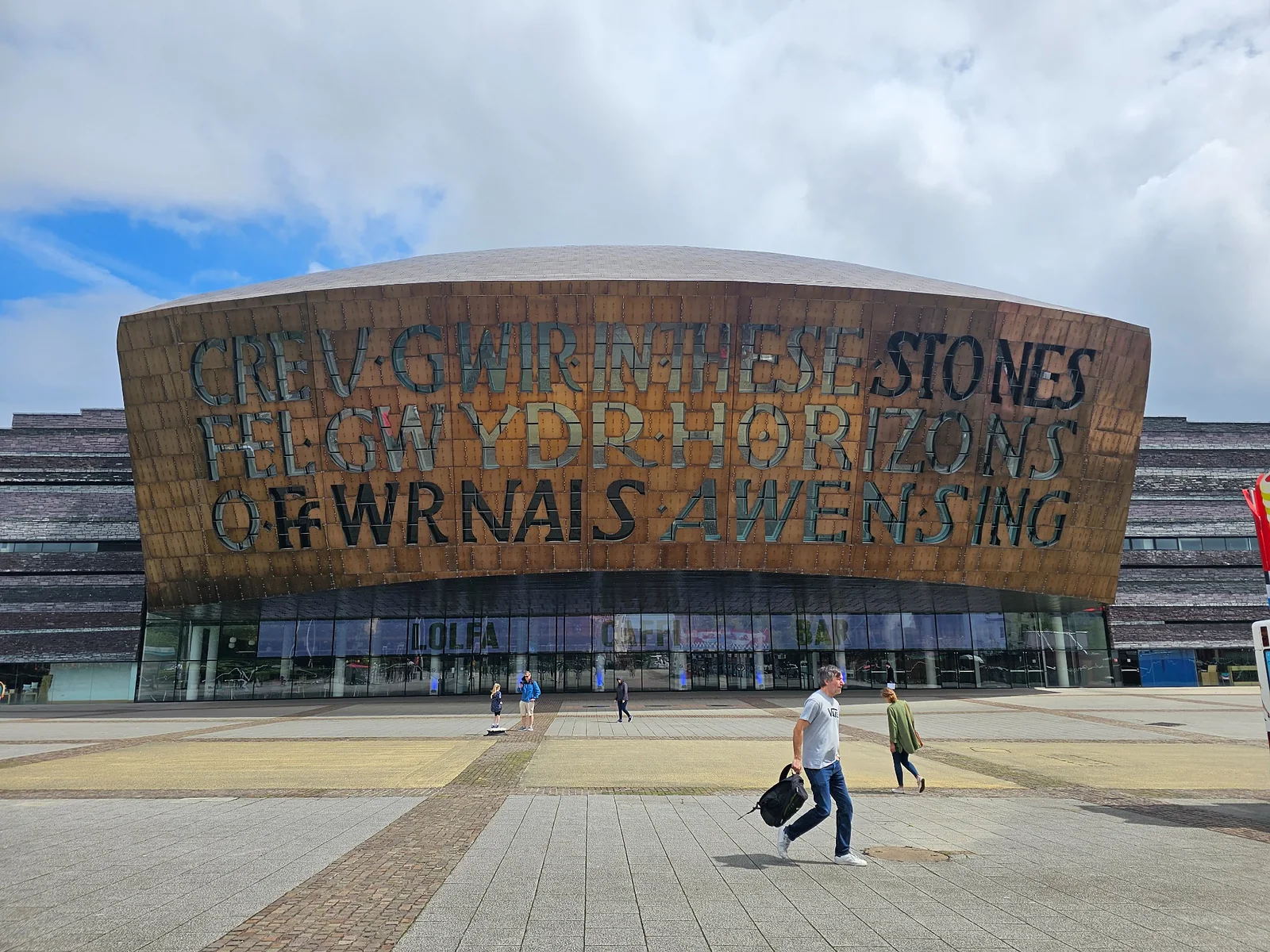 Wales Millennium Centre in Cardiff Bay with its bilingual inscription