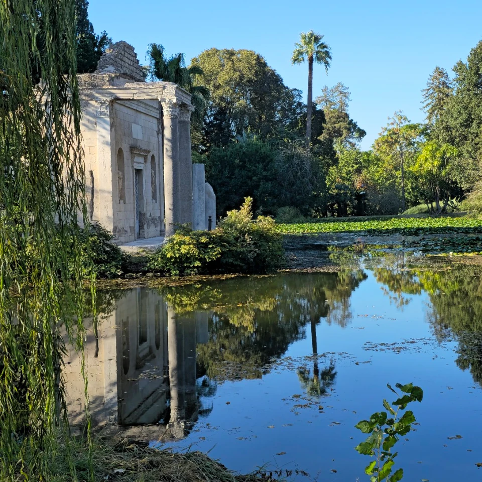 Stone pavilion and tall palm reflected in a pond in the English Garden at Caserta.