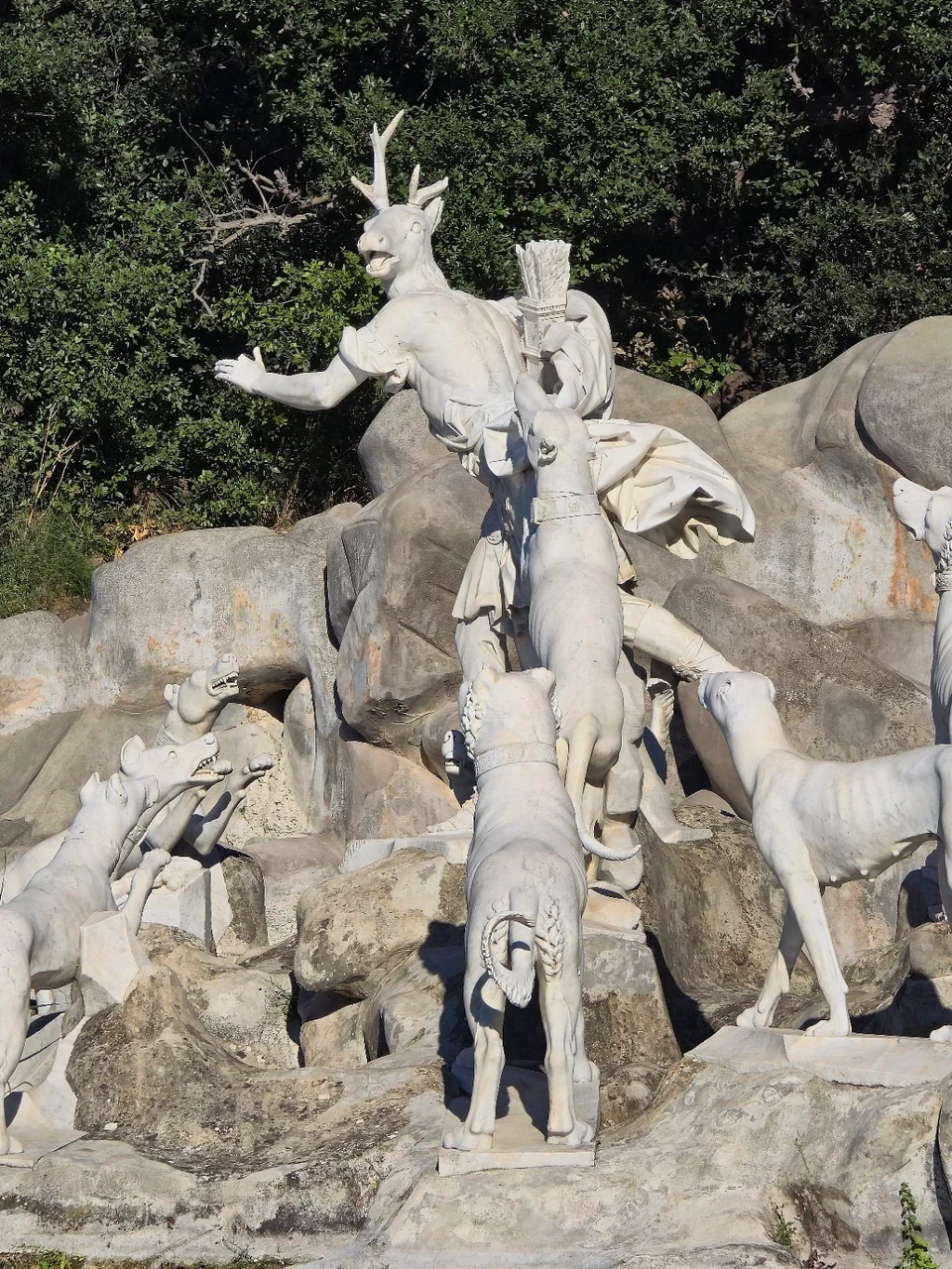 Detail of Actaeon and the dogs among the rocks of the fountain in the park of the Reggia di Caserta.