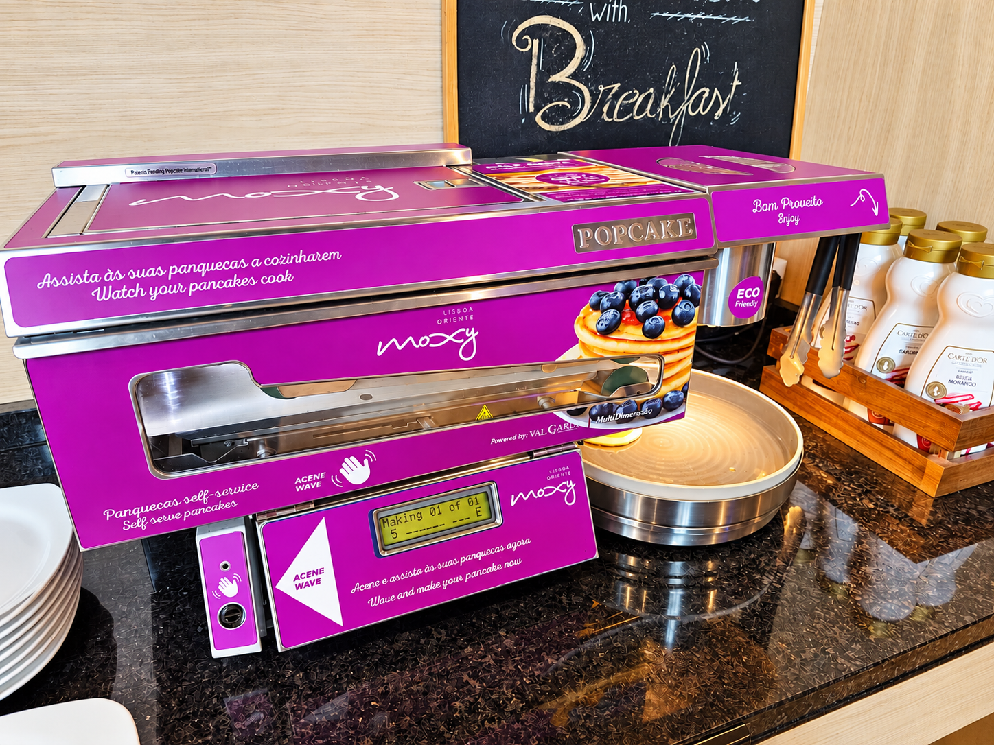 Self-service pancake machine at Moxy Lisboa Oriente breakfast