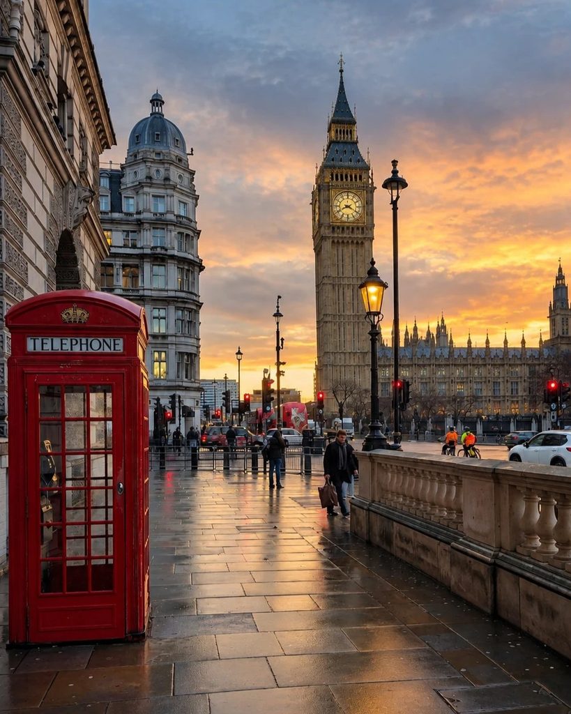Red telephone box and Big Ben in London after rain