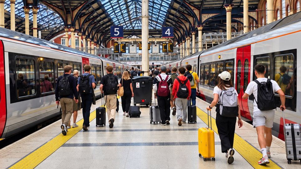 Passengers with luggage between trains at a London railway station