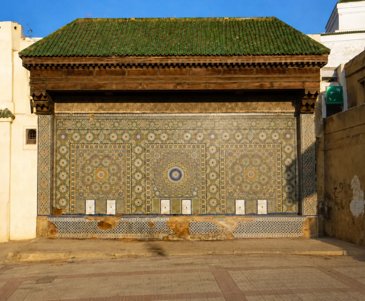 Zellige-tiled fountain beside Dar Jamai Palace, at the edge of Place el Hedim in Meknes.