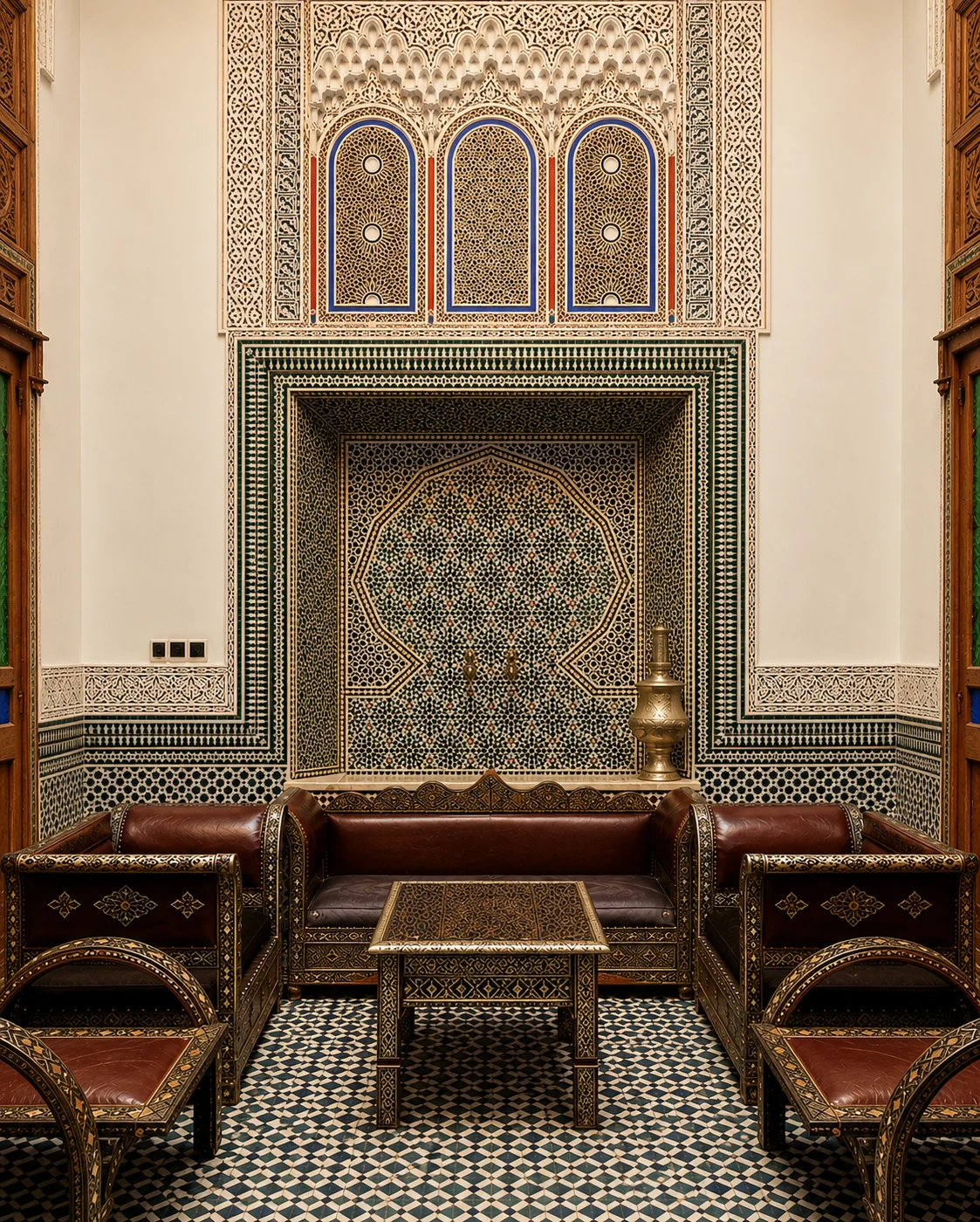 Ornate sitting room with tiled walls, leather seating, a table, and lamp in a traditional Moroccan hotel.