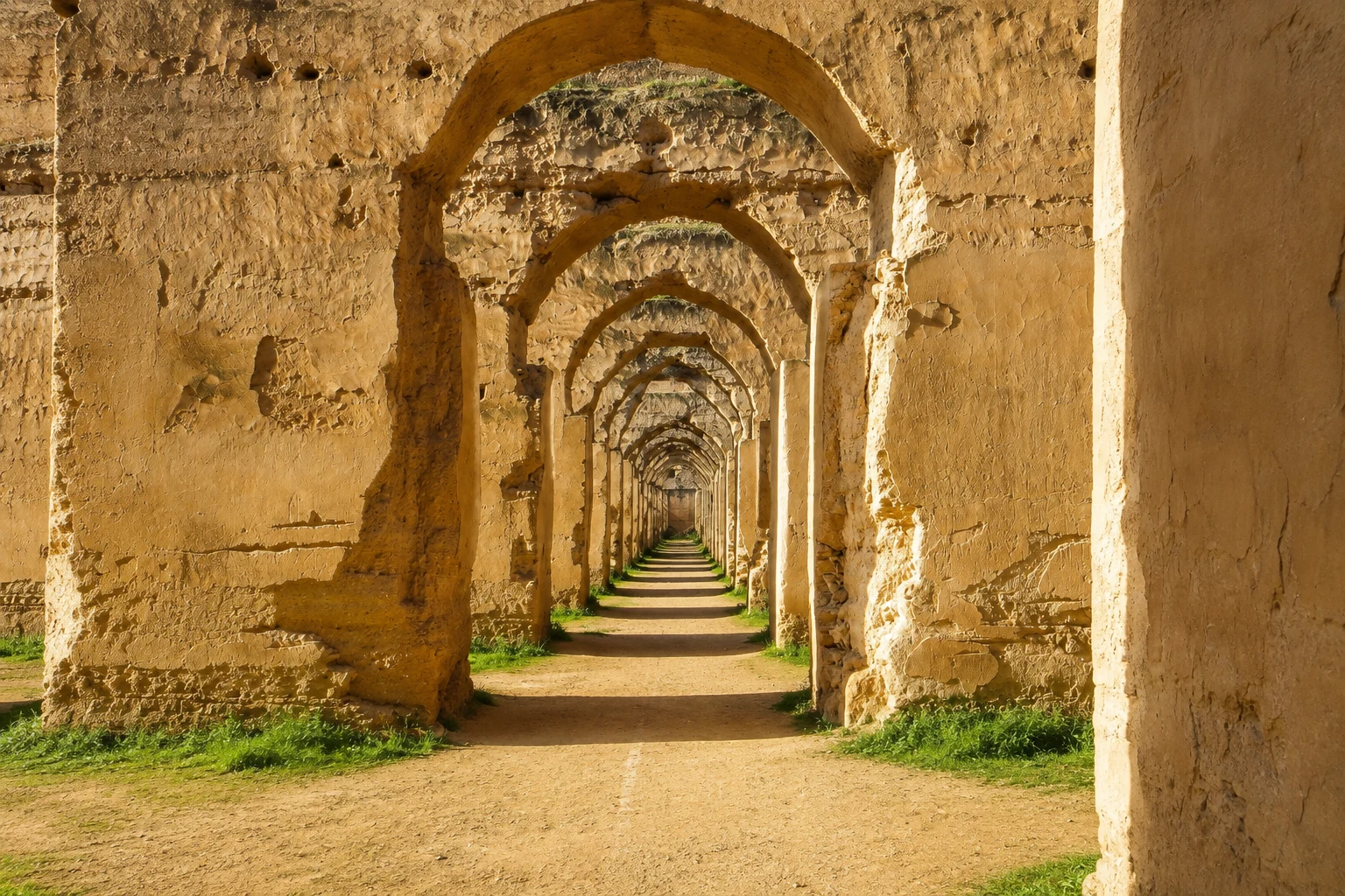 Repeating stone arches form a long corridor at Heri Souani in Meknes.