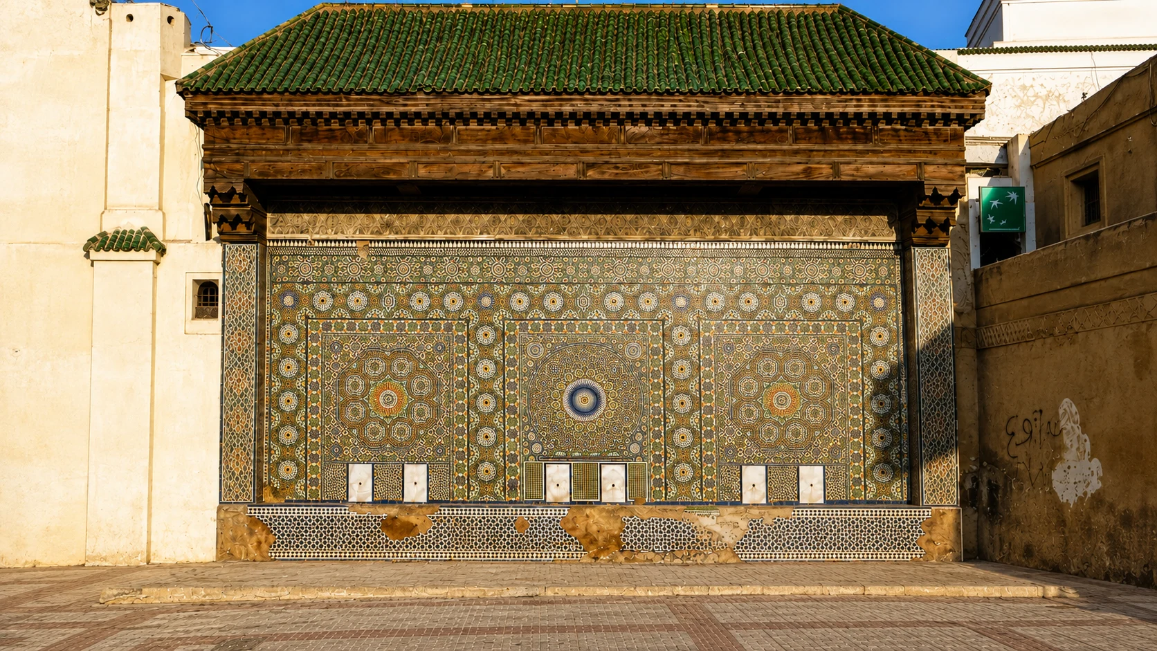 The ornate tiled fountain beside Dar Jamai in Meknes.