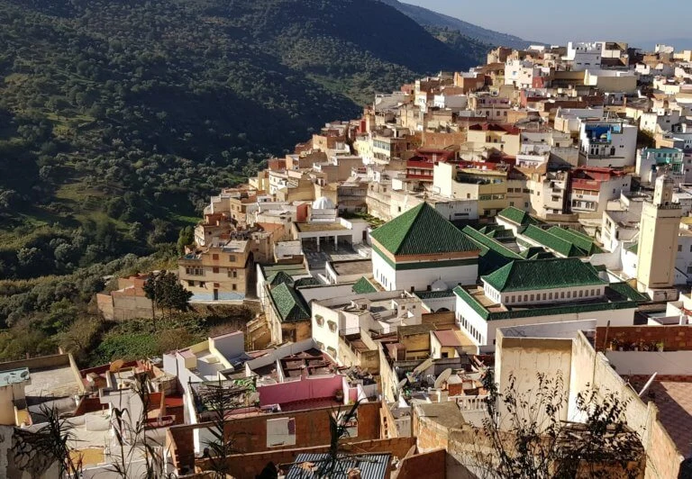 Green-roofed sanctuary of Idris I among hillside buildings in Moulay Idriss.