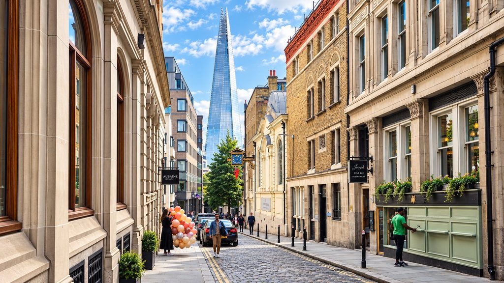 London street with The Shard in the background