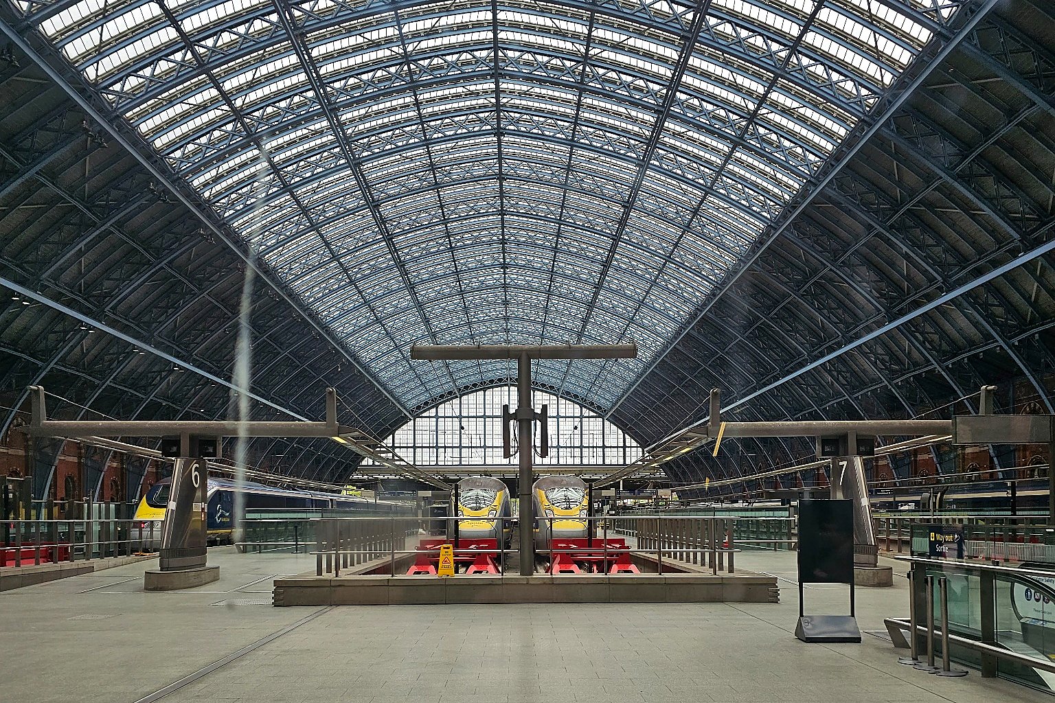 Platforms and trains under the great roof of St Pancras in London