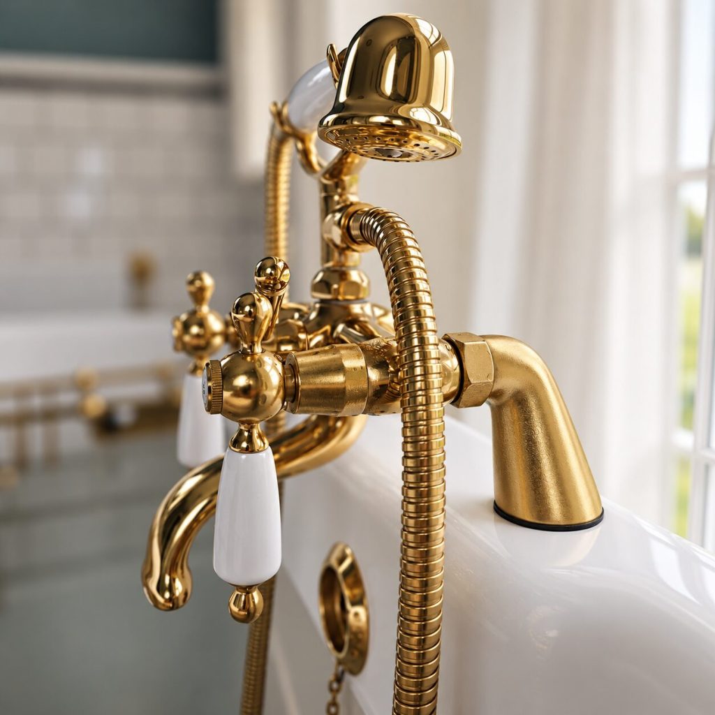 Brass bathroom fittings at University Arms