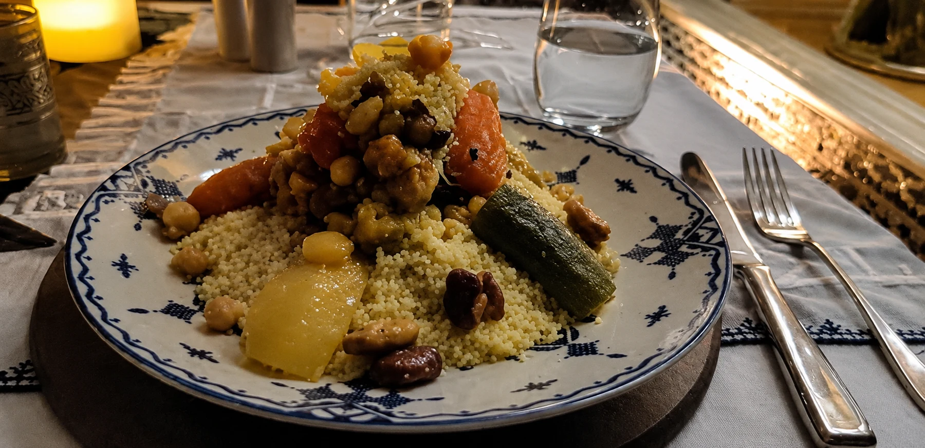 My first couscous in Morocco — beautifully presented at the Marriott, though the setting impressed me more than the dish itself.