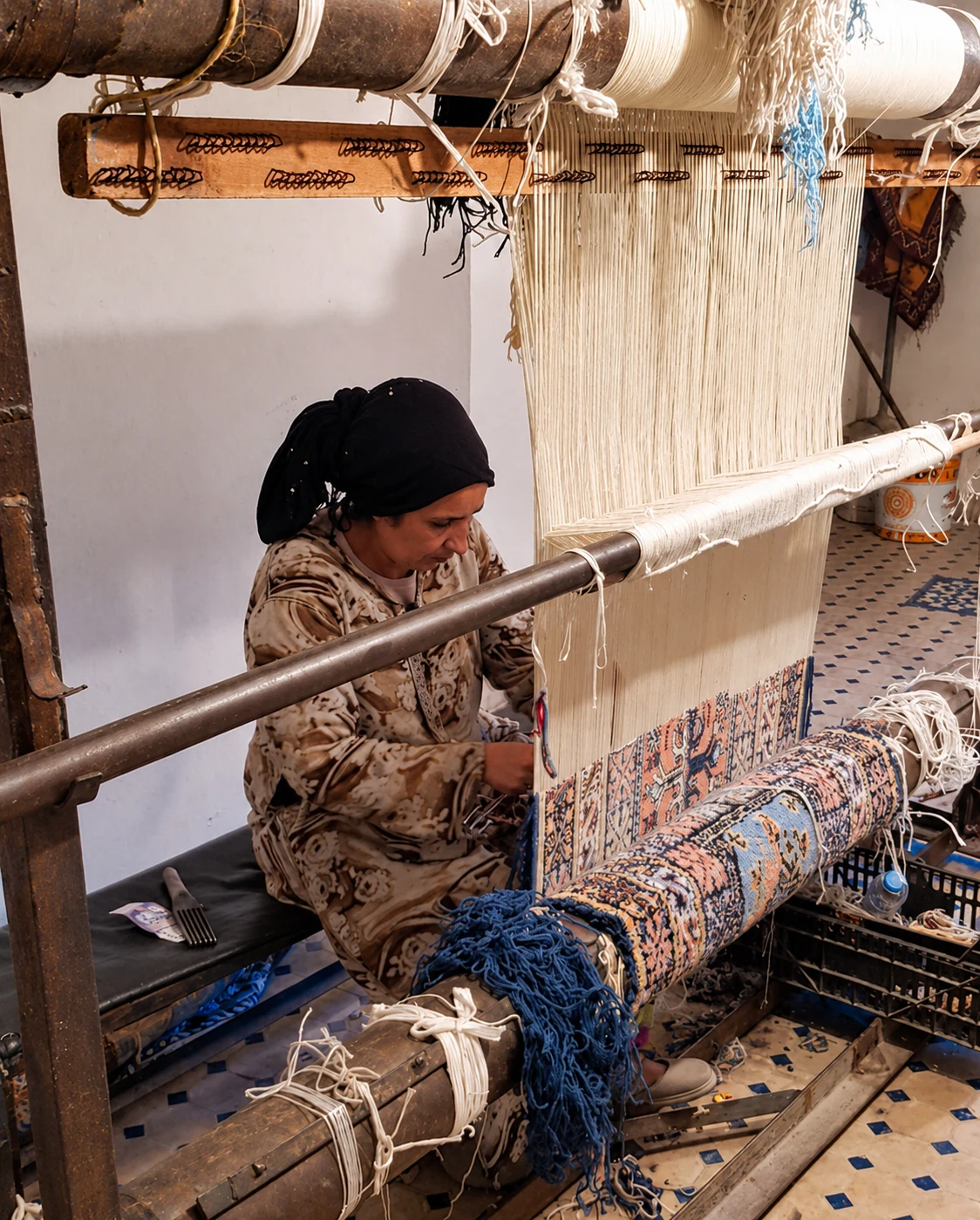 Traditional carpet weaving in Fes — one of the few sales demonstrations I was genuinely happy to stop and watch.
