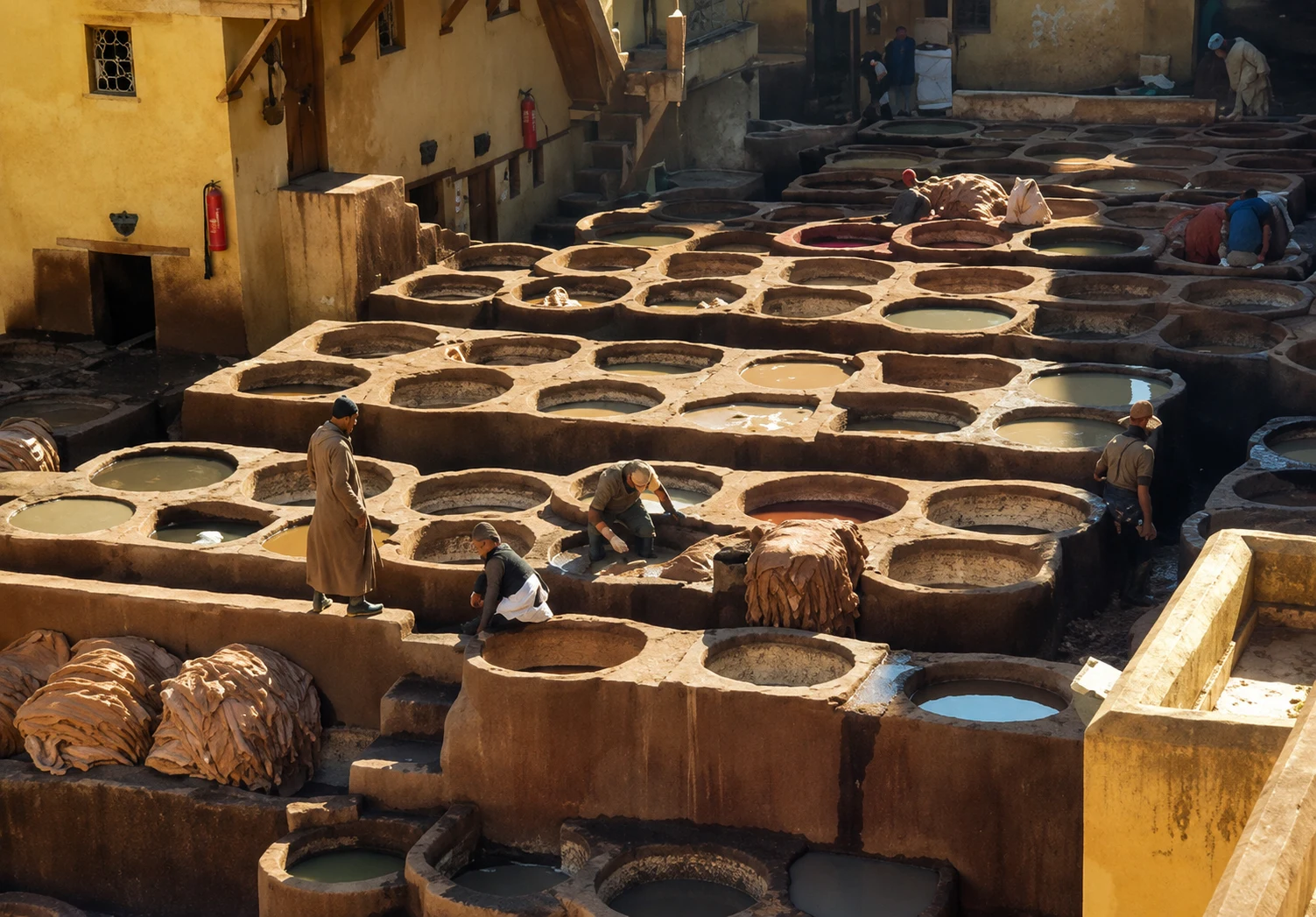 Workers at the Chouara tannery — a working landscape of vats, hides and manual labour that makes the place feel industrial rather than merely picturesque.