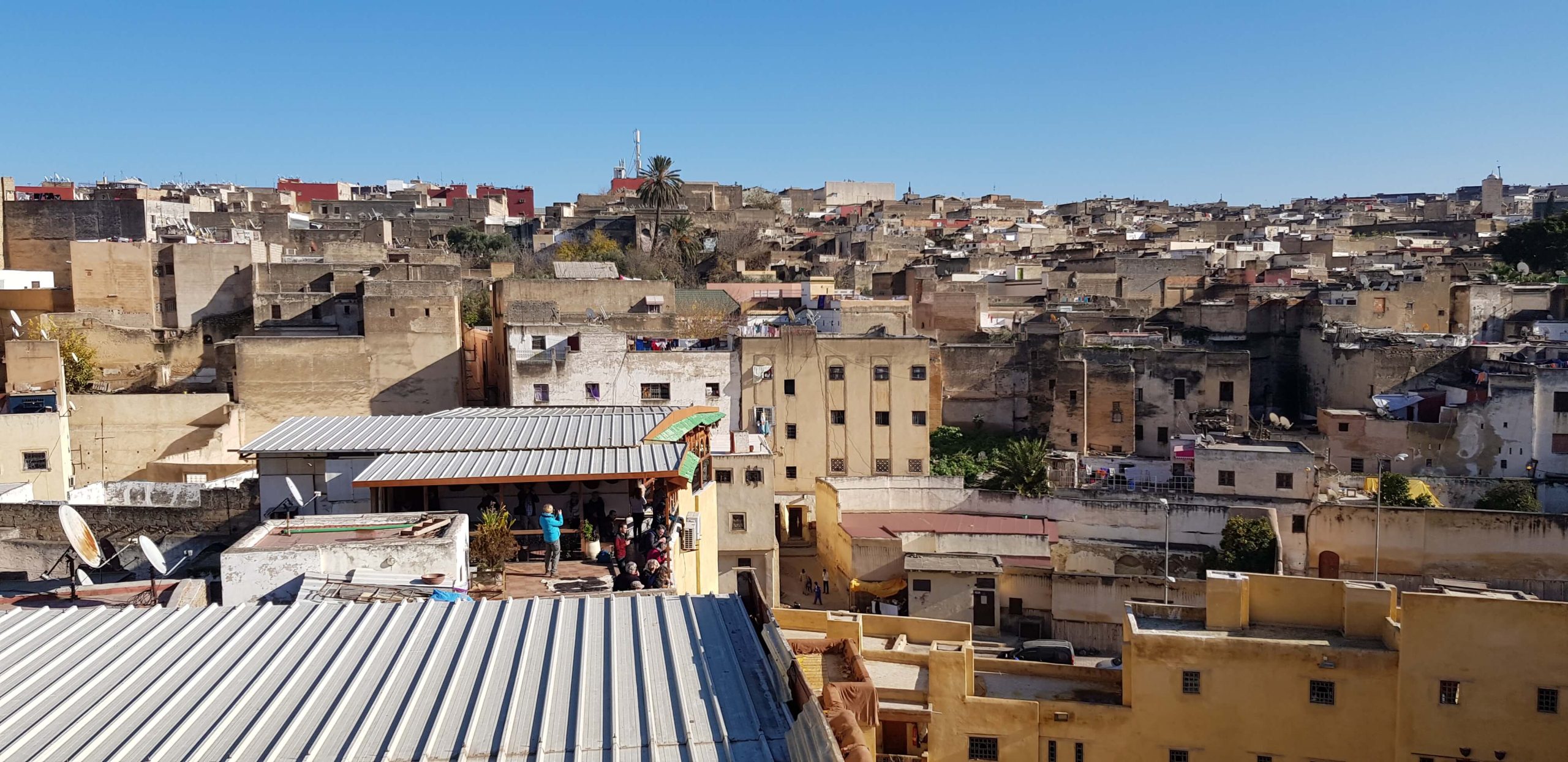 A panorama over the densely packed rooftops and minarets of Fes el-Bali.